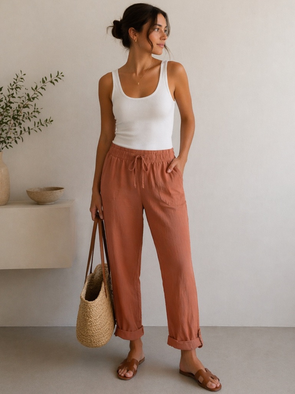 Roxy Linen Blend Drawstring Pants Rust Boho Coastal Straight Leg M Casual Boho